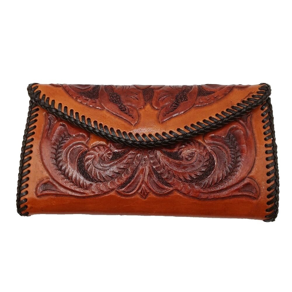 Vintage Hand Tooled Leather Wallet Western Floral Style Laced Edges 7.5" x 4"